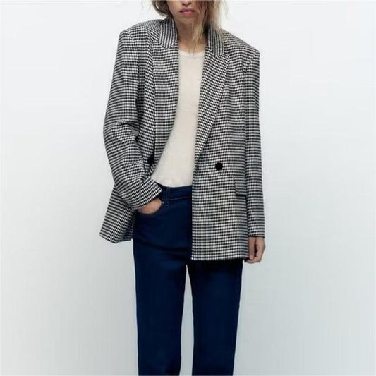 Women All Match Plaid Design Profile Houndstooth Casual Double Breasted Blazer