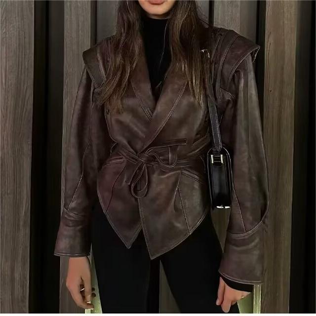 Winter Women Clothing Casual All Match Coffee Brown Leather Coat