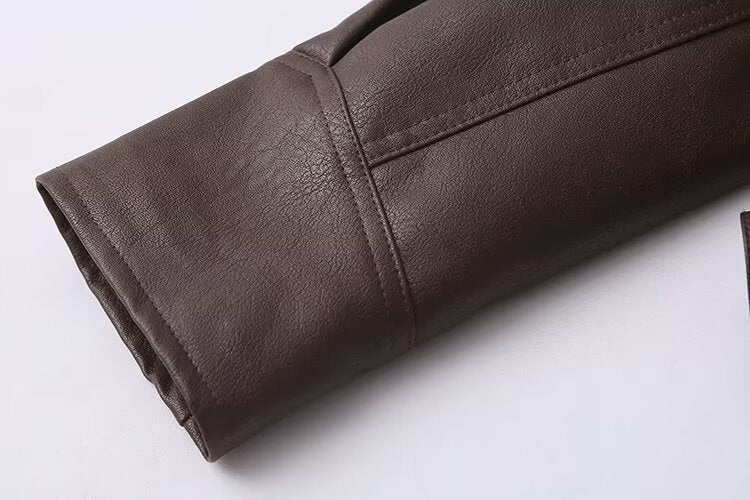 Winter Women Clothing Casual All Match Coffee Brown Leather Coat