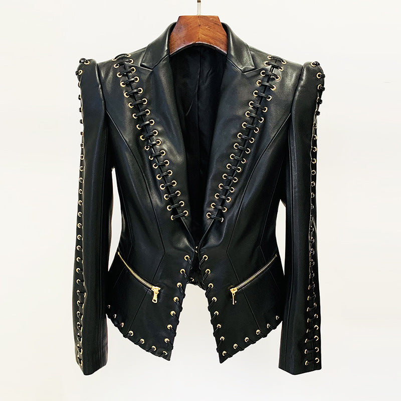 Star Heavy Industry Eyelet Rope Slim Fit Leather Coat Blazer Jacket