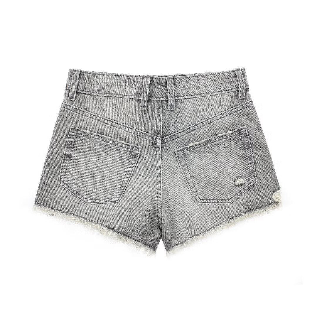 Short en Denim taille haute décontracté pour femmes, vêtements français avec trous perforés, décoration