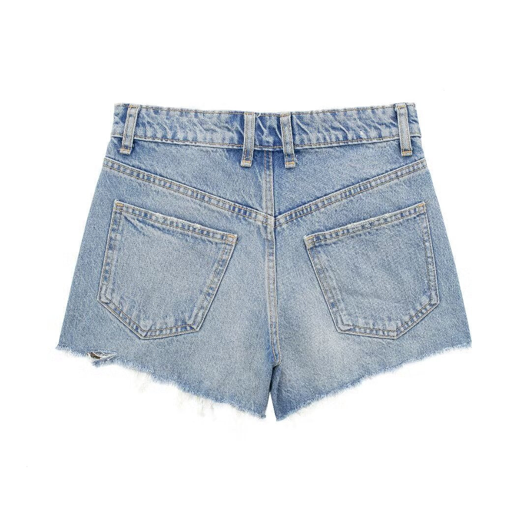 Short en Denim taille haute décontracté pour femmes, vêtements français avec trous perforés, décoration