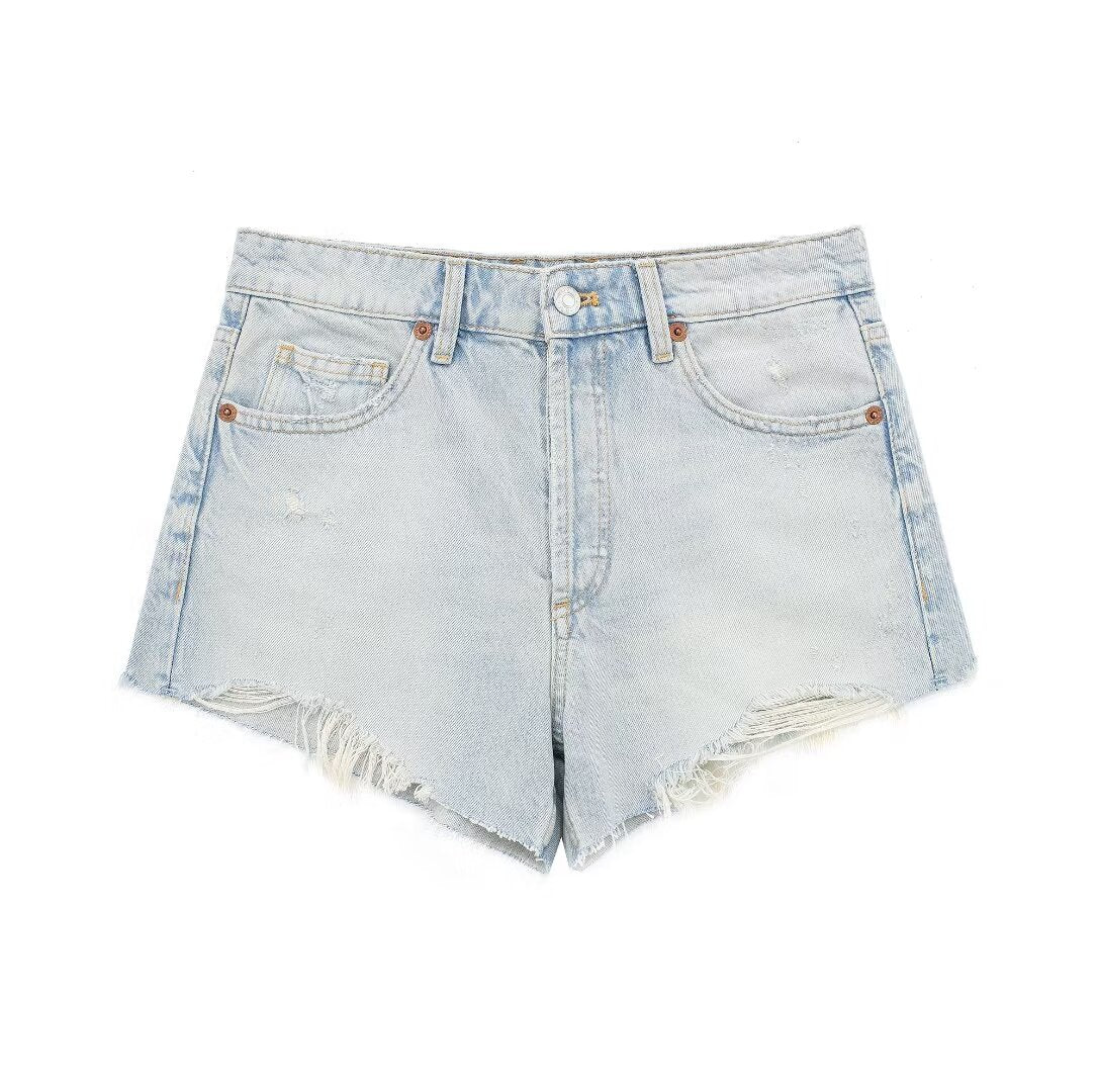 Short en Denim taille haute décontracté pour femmes, vêtements français avec trous perforés, décoration