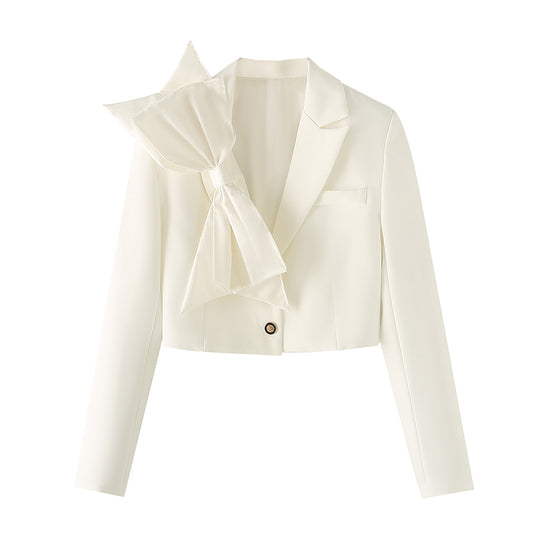 Women Spring Summer Stitching Mesh Bow Blazer