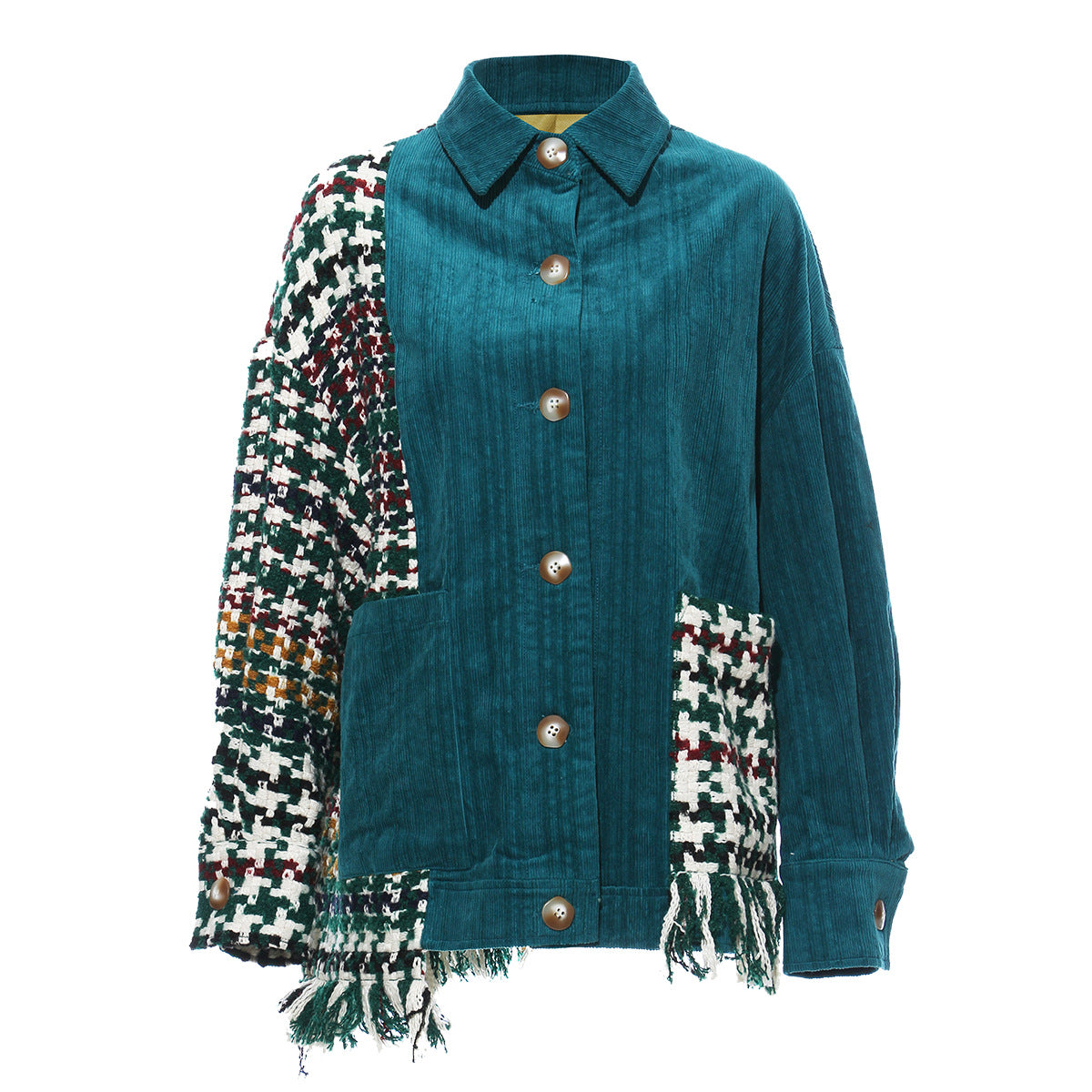 Autumn Colorful Jacquard Woolen Plaid Stitching Pit Asymmetric Coat for Women