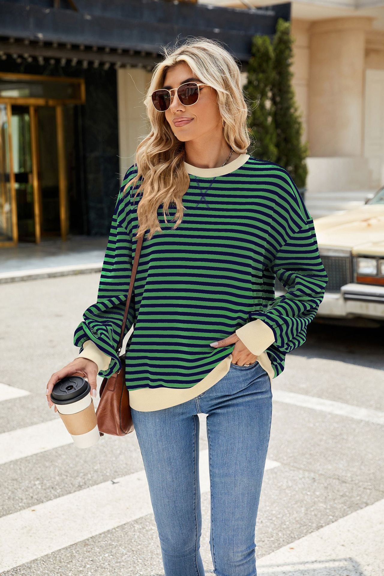 Autumn Winter Striped Round Neck Contrast Color Loose Long Sleeve Sweatershirt Coat Women