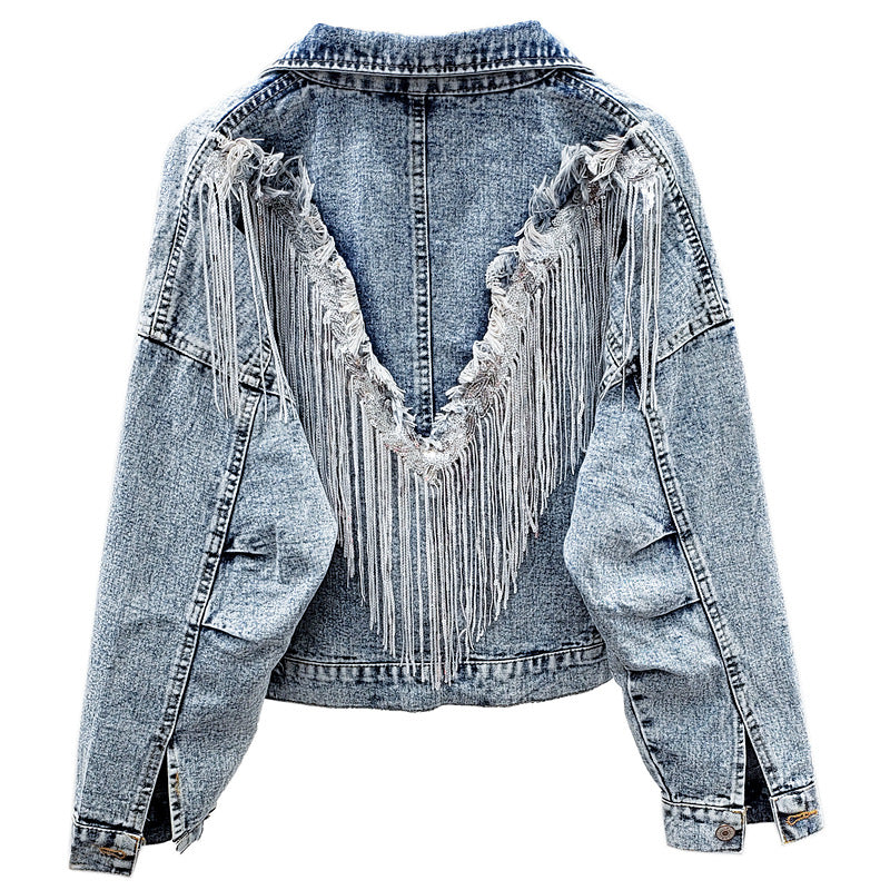 Denim Coat Women Spring Autumn Sequ Tassels Loose Fitting Slimming Short Top