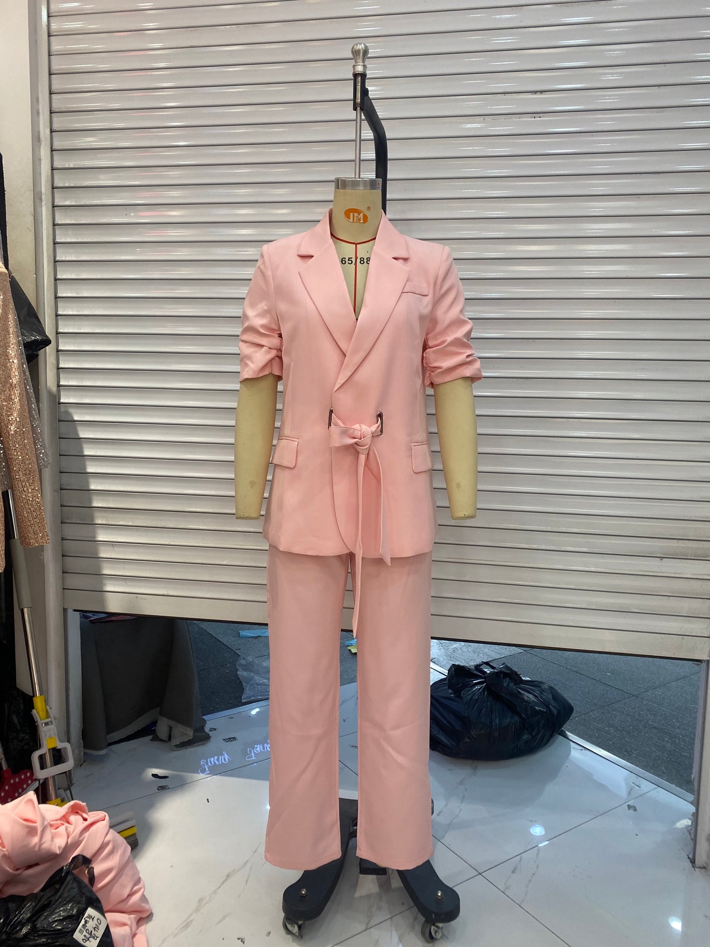 Ropa de mujer Conjuntos de pantalón y chaqueta rosa con lazo dulce de verano