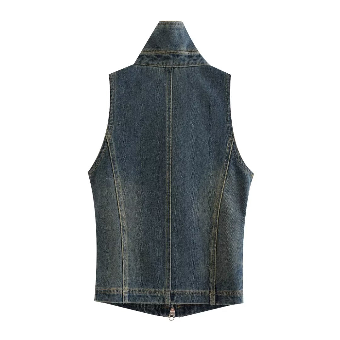 Summer Denim Sleeveless Tight Zipper Vest Women