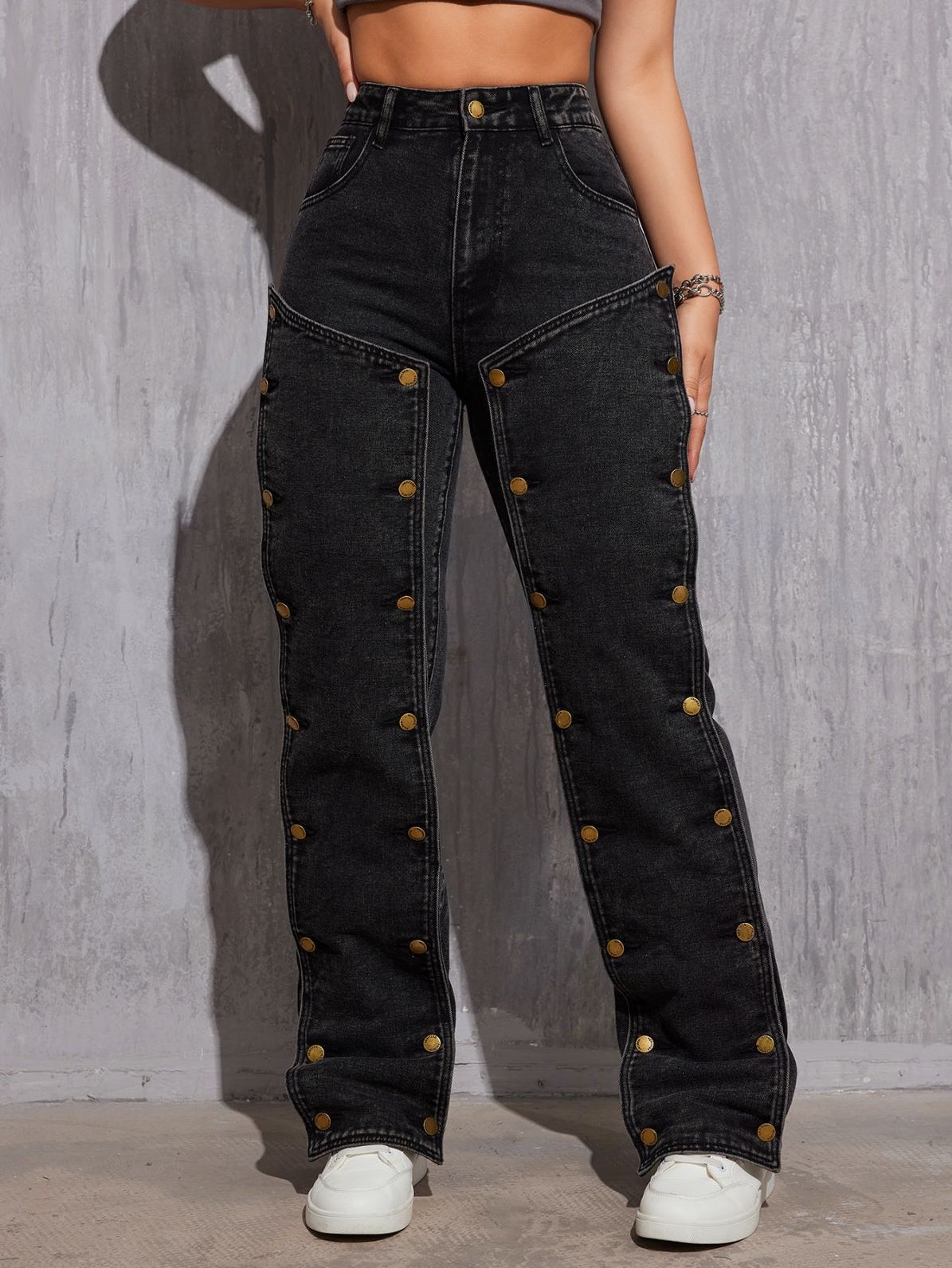 Pantalon cargo droit détachable en denim non extensible hip-hop avec coutures multi-boutons