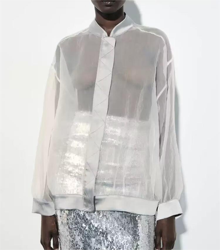 Ropa de mujer Cuello alto Suelto Chaqueta bomber de organza transparente Abrigo