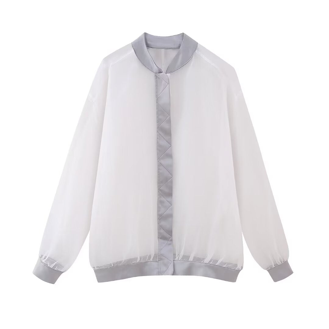 Ropa de mujer Cuello alto Suelto Chaqueta bomber de organza transparente Abrigo