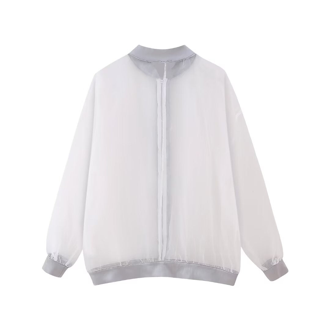 Ropa de mujer Cuello alto Suelto Chaqueta bomber de organza transparente Abrigo