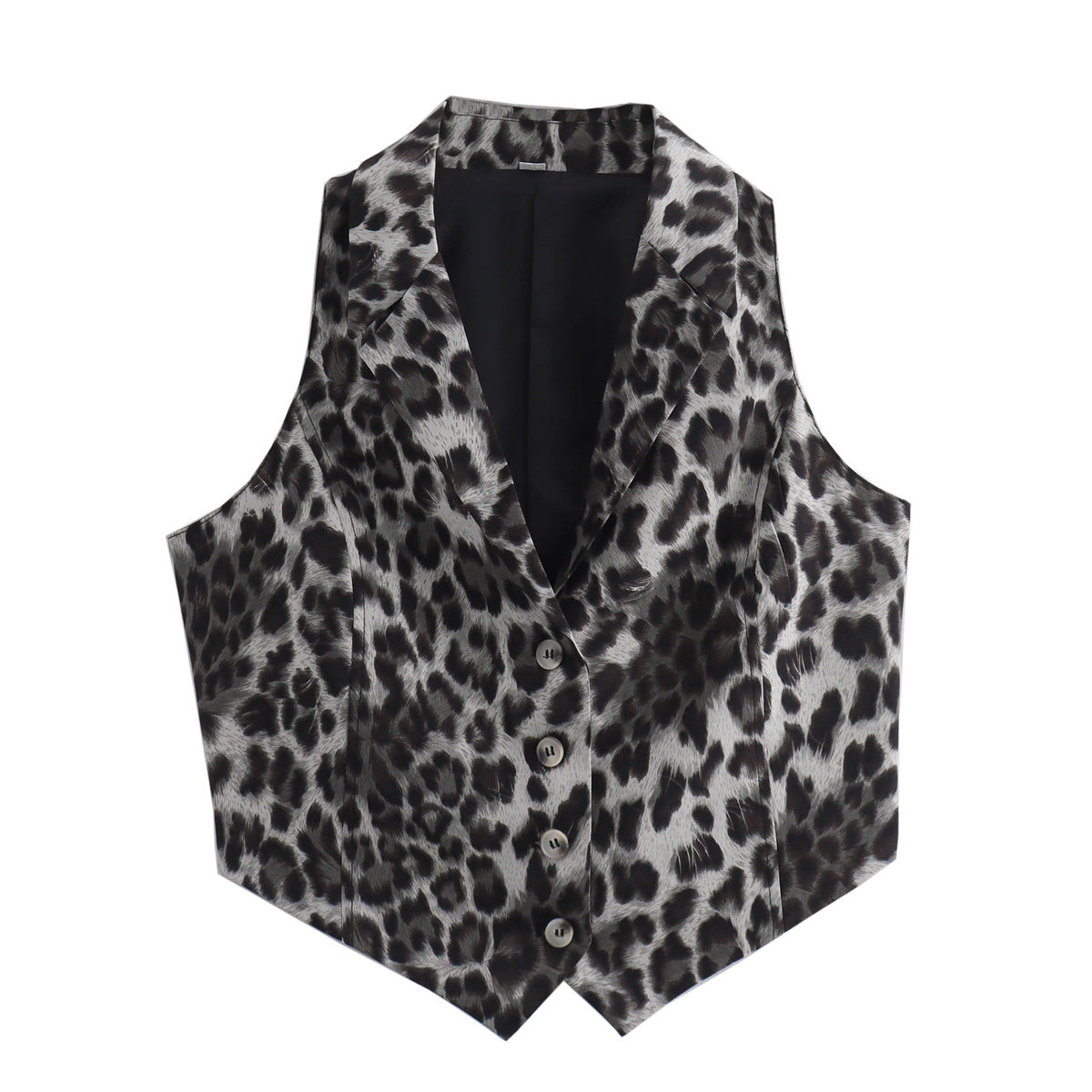 Ropa de mujer Chaleco informal holgado corto con estampado de leopardo y botones y cuello tipo polo