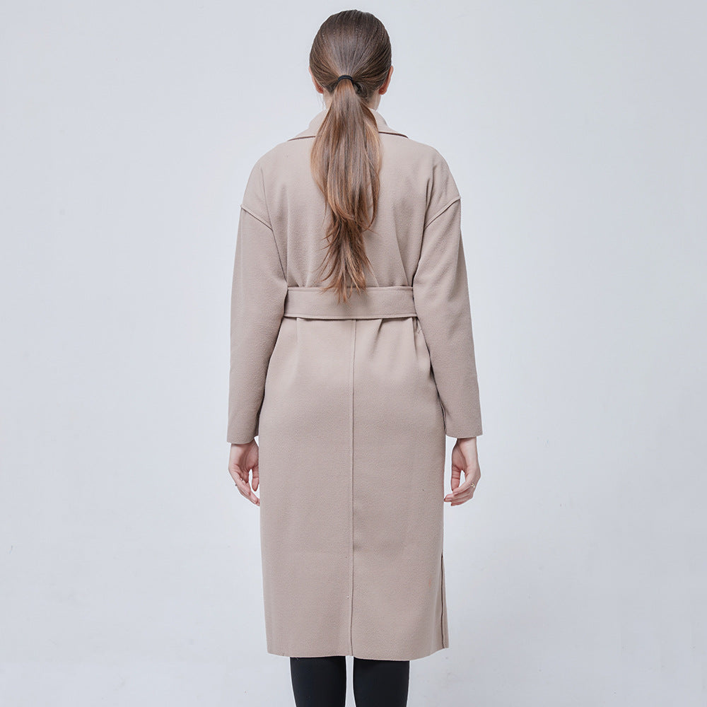 Trench-Coat pour femmes, automne hiver rétro Blazer col couleur unie taille serrée minceur manteau en laine à manches longues