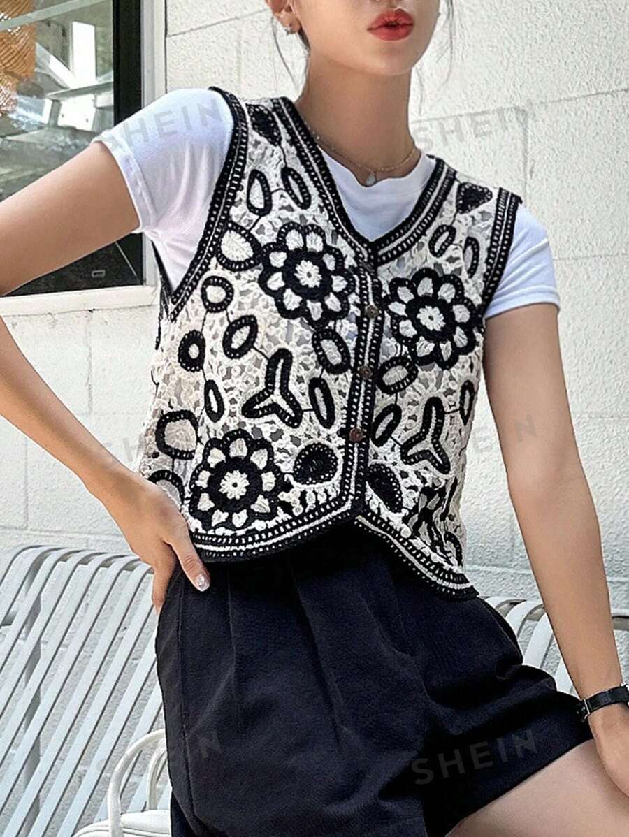 Women Summer Elegant Button Embroidery Vest