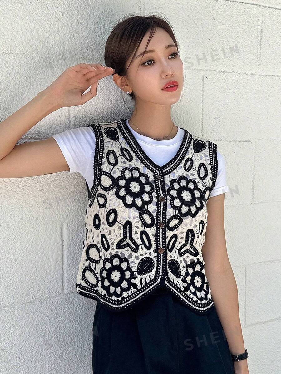 Women Summer Elegant Button Embroidery Vest