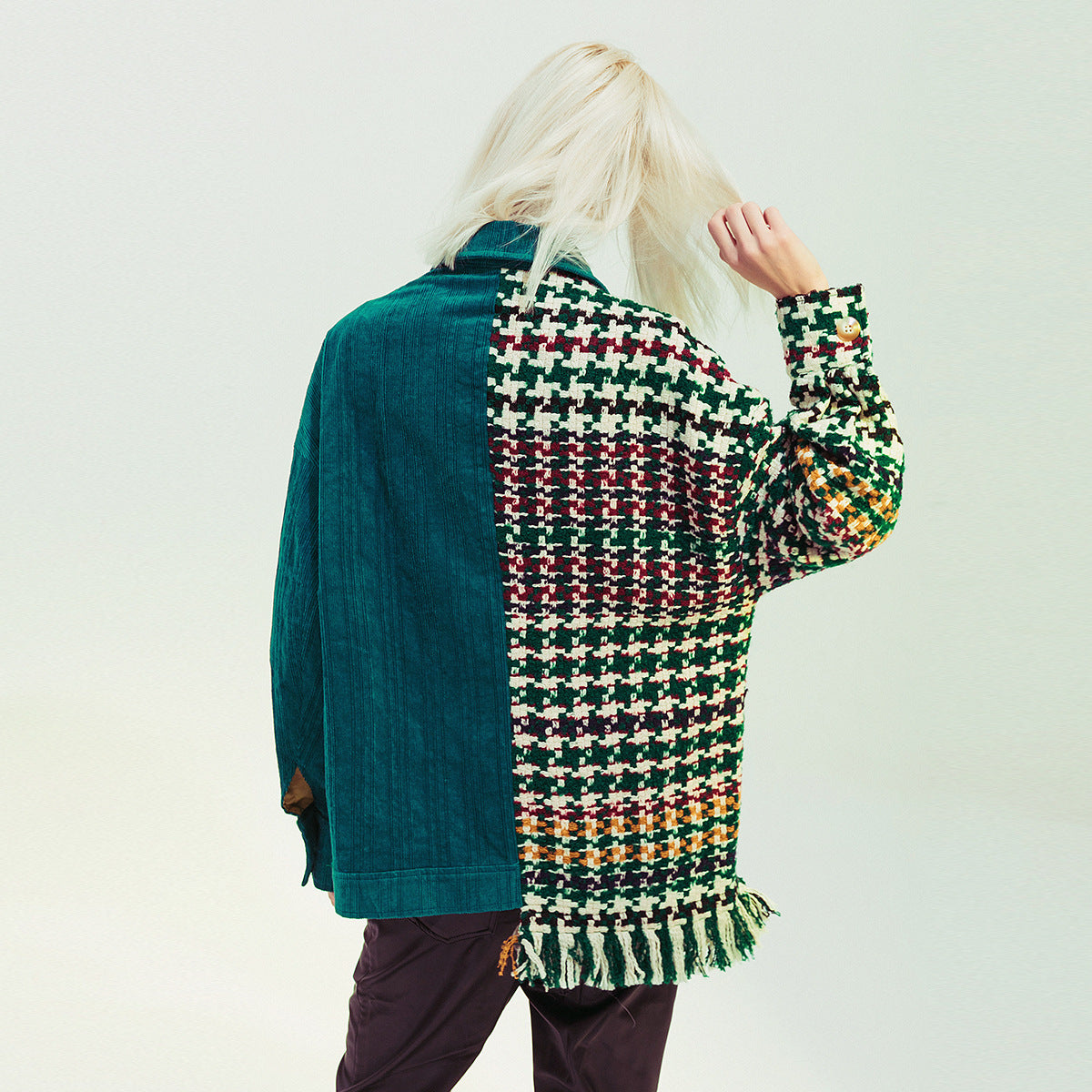 Autumn Colorful Jacquard Woolen Plaid Stitching Pit Asymmetric Coat for Women