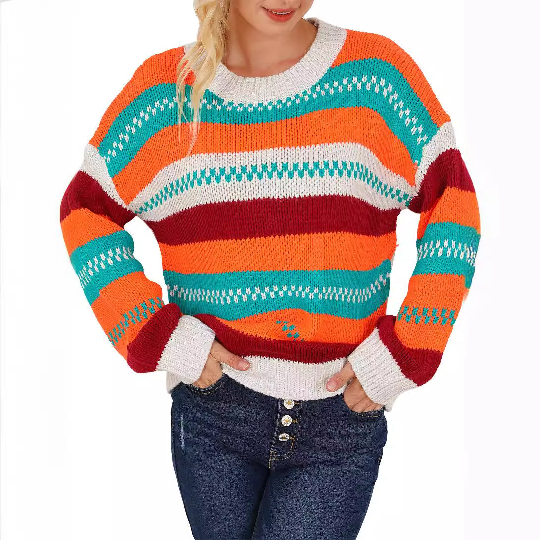 All Matching Retro Pullover Sweater Casual Autumn Winter Contrast Color Striped Round Neck Knitted Top