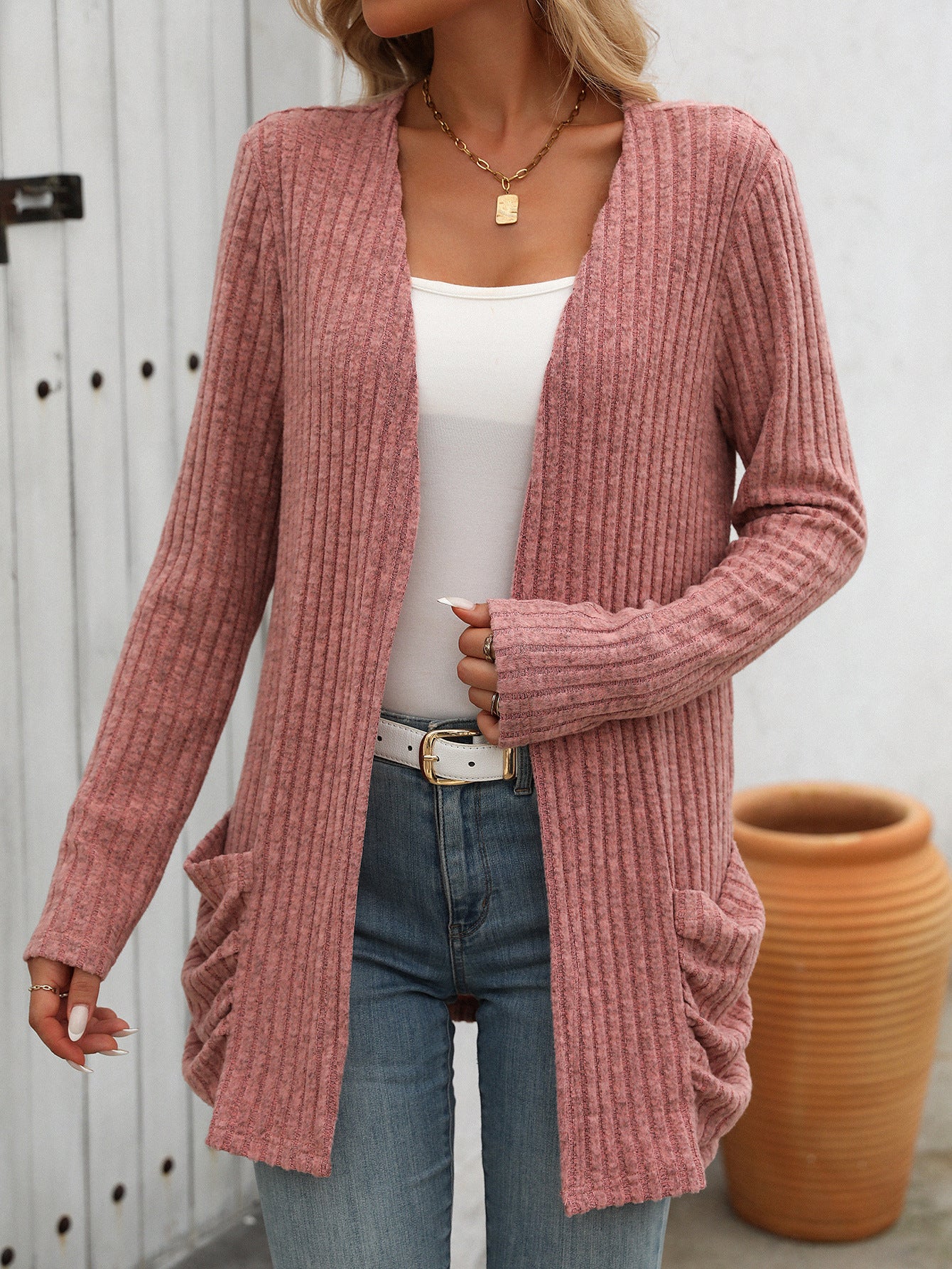 Autumn Winter Solid Color Rib Fabric Brushed Pocket Cardigan Long Sleeve Coat Women