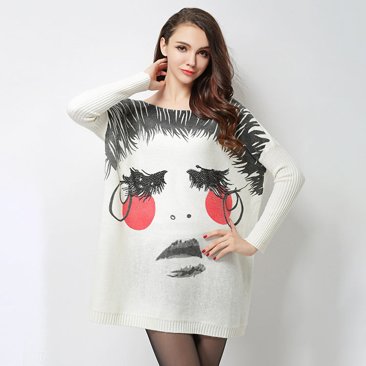 Women Sweater Loose Personalized Printed Wool Blended Sweater Top