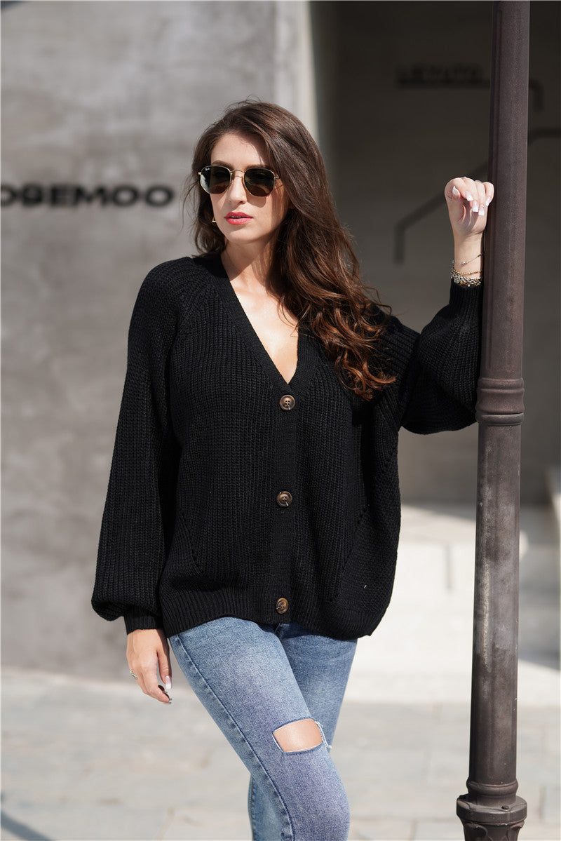 Autumn Cardigan Solid Color Buttons V Neck Sweater Warm Loose Outer Sweater Women