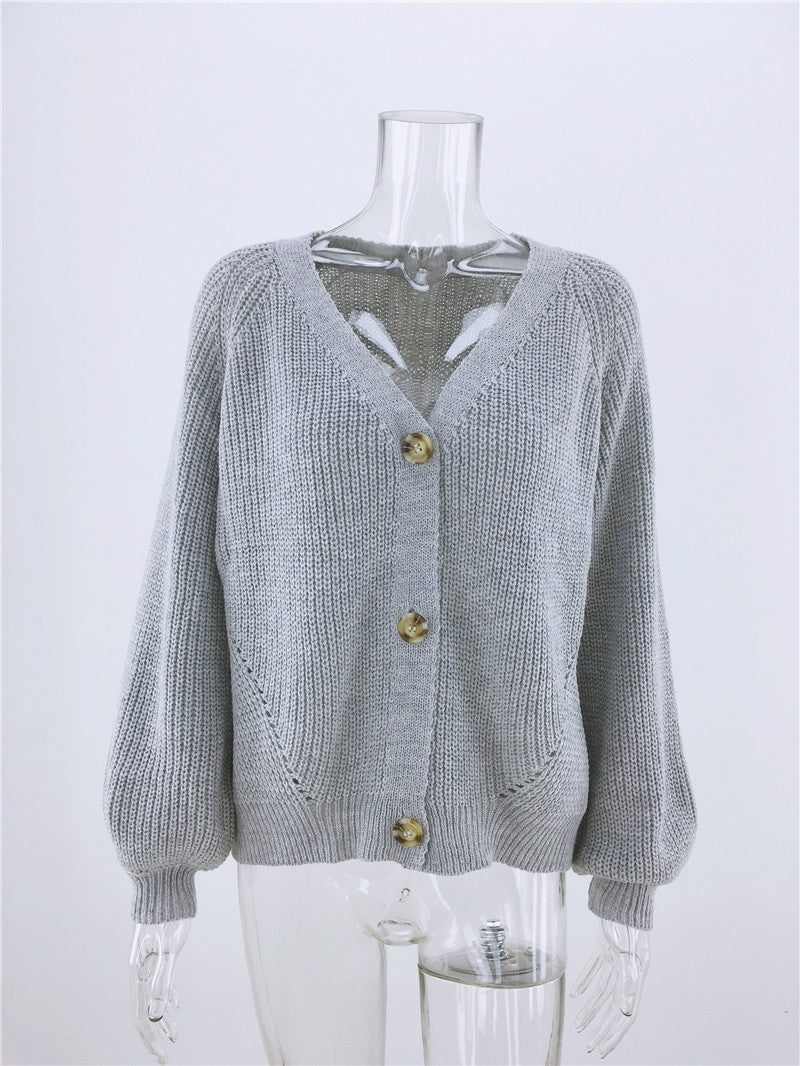 Autumn Cardigan Solid Color Buttons V Neck Sweater Warm Loose Outer Sweater Women