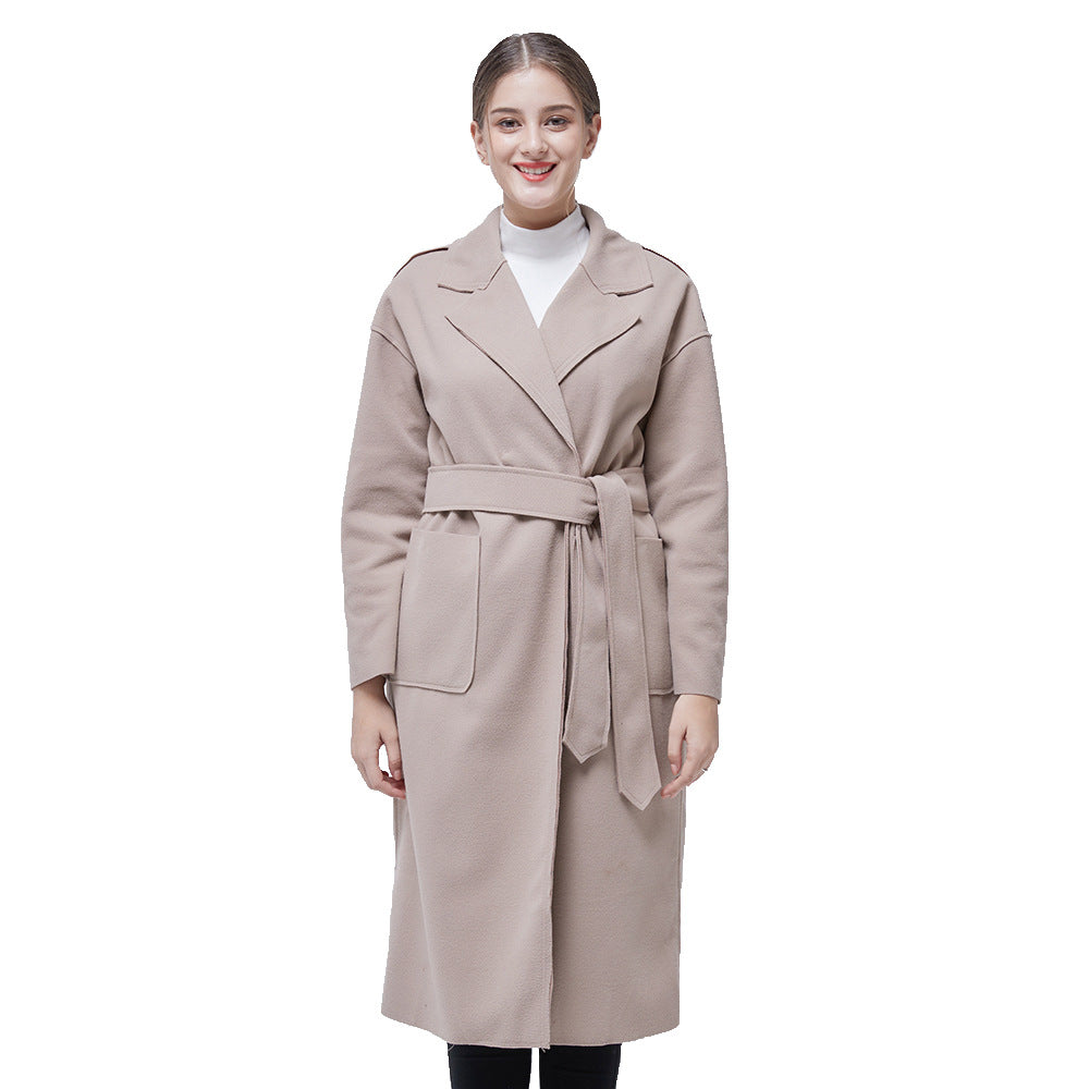 Trench-Coat pour femmes, automne hiver rétro Blazer col couleur unie taille serrée minceur manteau en laine à manches longues