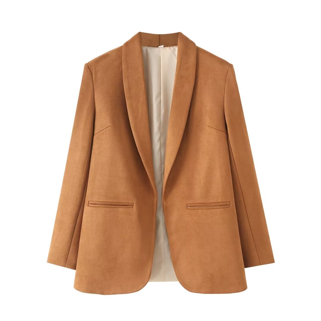 Women Clothing French All Match Solid Color Long Sleeve Suede Blazer