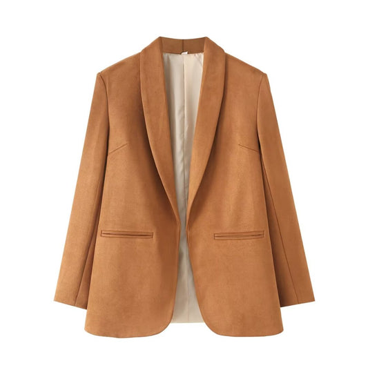 Women Clothing French All Match Solid Color Long Sleeve Suede Blazer