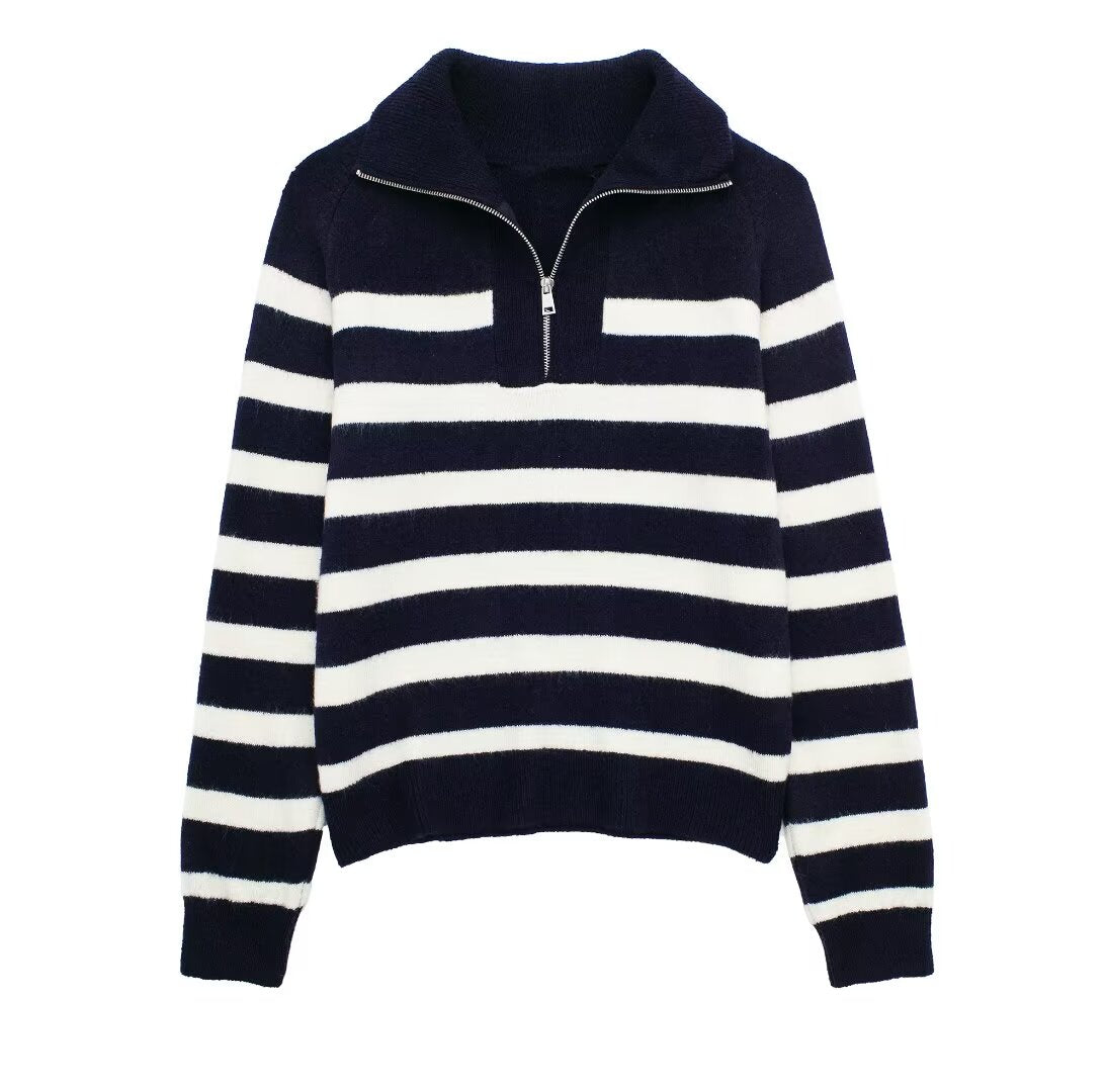 Winter Casual Zipper Mock Neck Stripes Knitwear