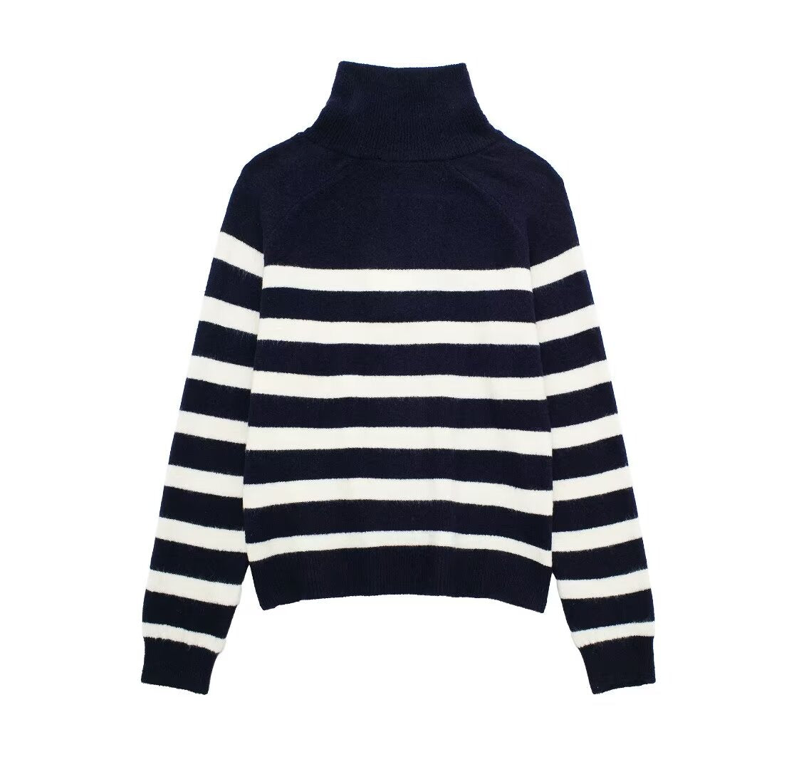 Winter Casual Zipper Mock Neck Stripes Knitwear