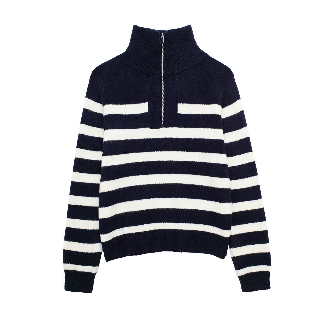 Winter Casual Zipper Mock Neck Stripes Knitwear