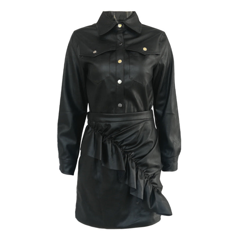 Spring Turn down Collar Coat Leather Clothing Irregular Asymmetric Ruffled Leather Skirt Casual Set Women