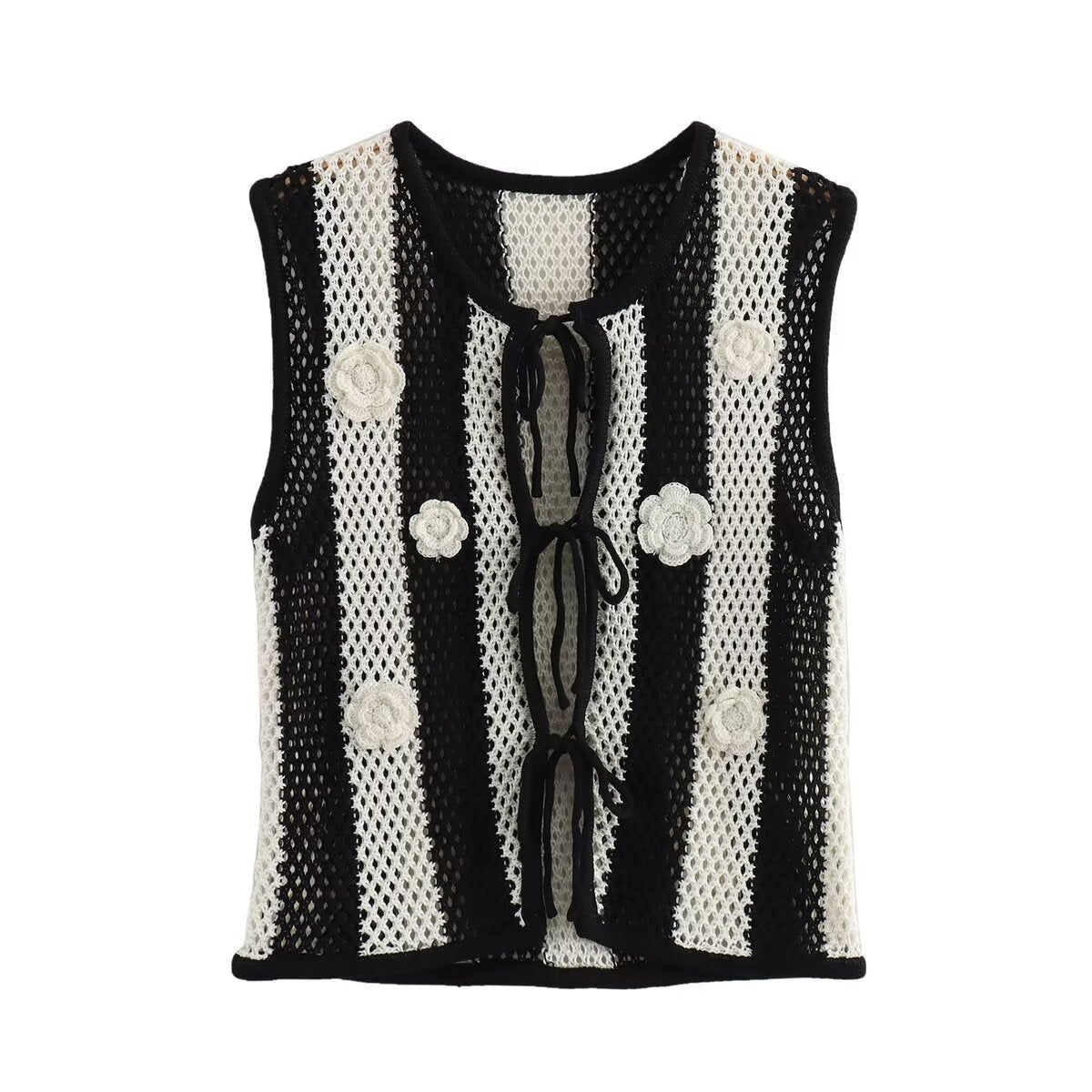 Gilet ample tricoté à lacets avec appliques faites à la main pour femmes, noir et blanc