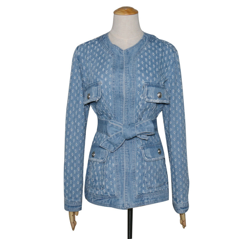 Automne Denim veste femmes décontracté col rond taille haute à lacets découpe à manches longues mince veste haut pour femme