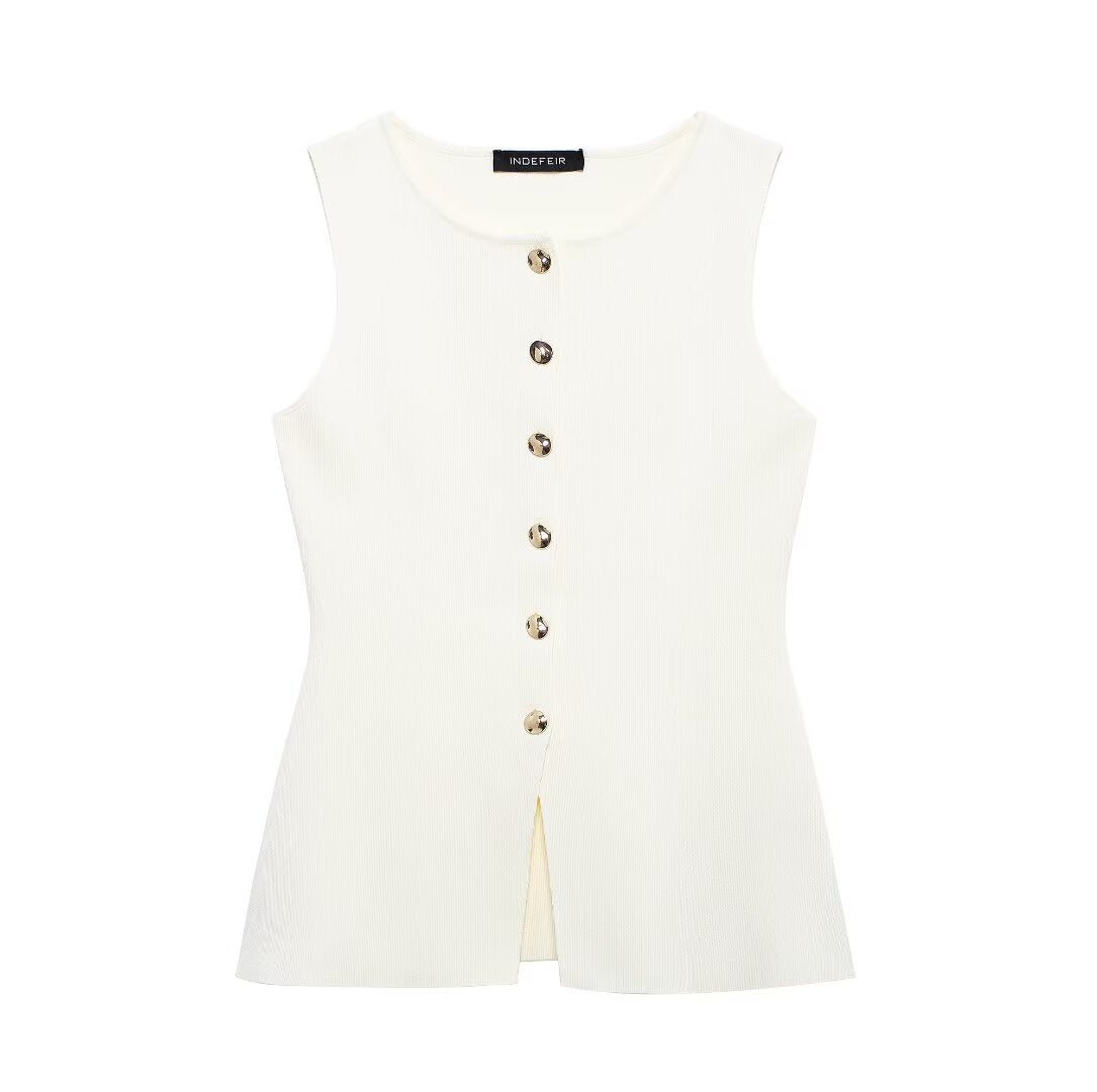 Summer Women Street Vest Golden Button Plain Stitch Vest