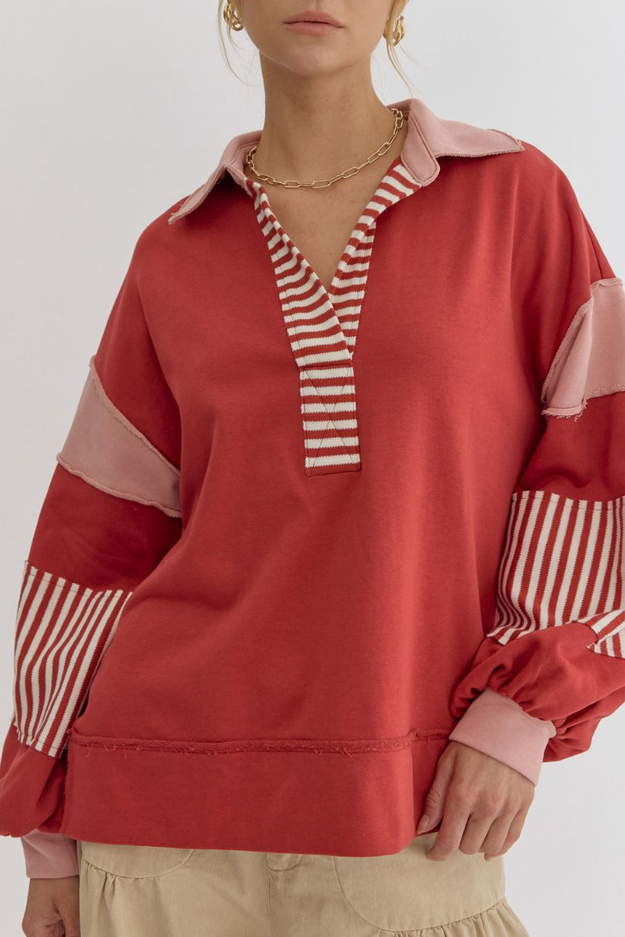 Autumn Sweater Fresh Cotton Oversizedpolo Collar Striped Color Contrast Patchwork Top