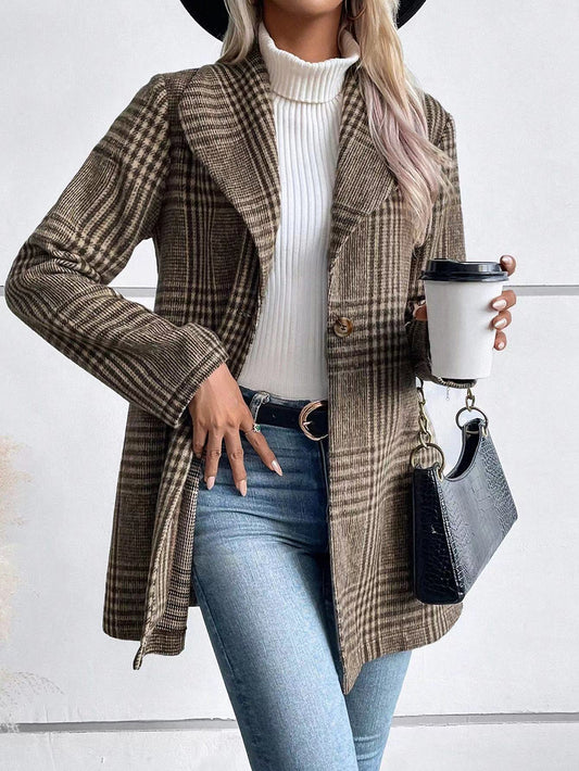 Abrigo de lana a cuadros con cuello para mujer, ropa de otoño e invierno, abrigo ajustado