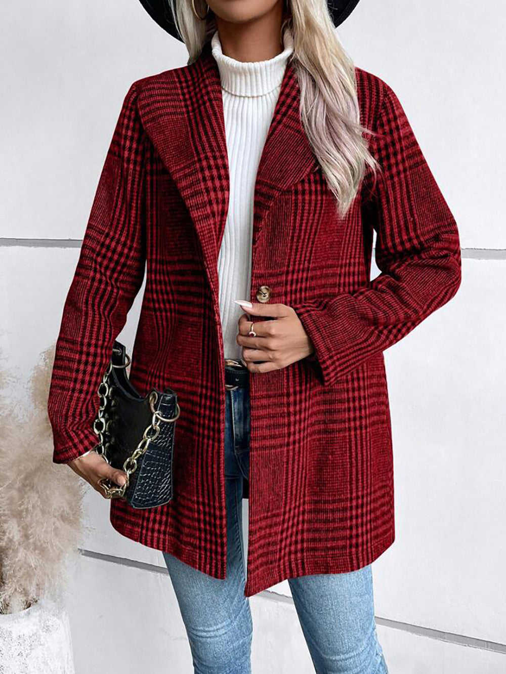 Abrigo de lana a cuadros con cuello para mujer, ropa de otoño e invierno, abrigo ajustado