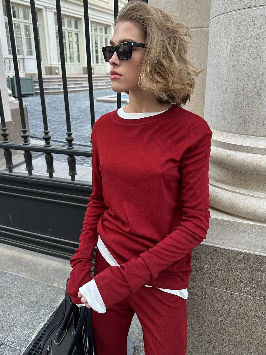 Conjunto de dos piezas formado por camiseta y pantalón ancho, informal, modal suave, para otoño e invierno, para mujer, color rojo navideño