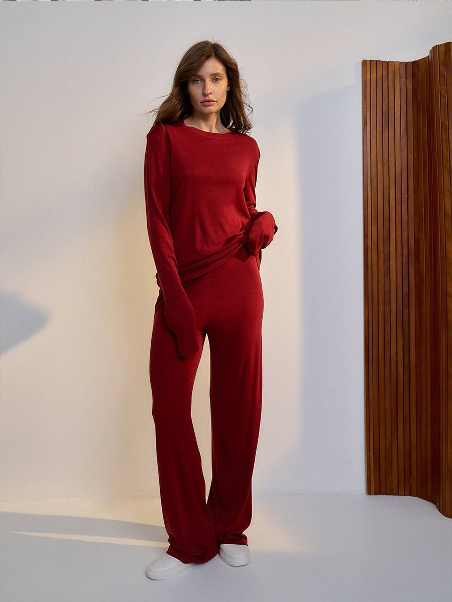 Conjunto de dos piezas formado por camiseta y pantalón ancho, informal, modal suave, para otoño e invierno, para mujer, color rojo navideño