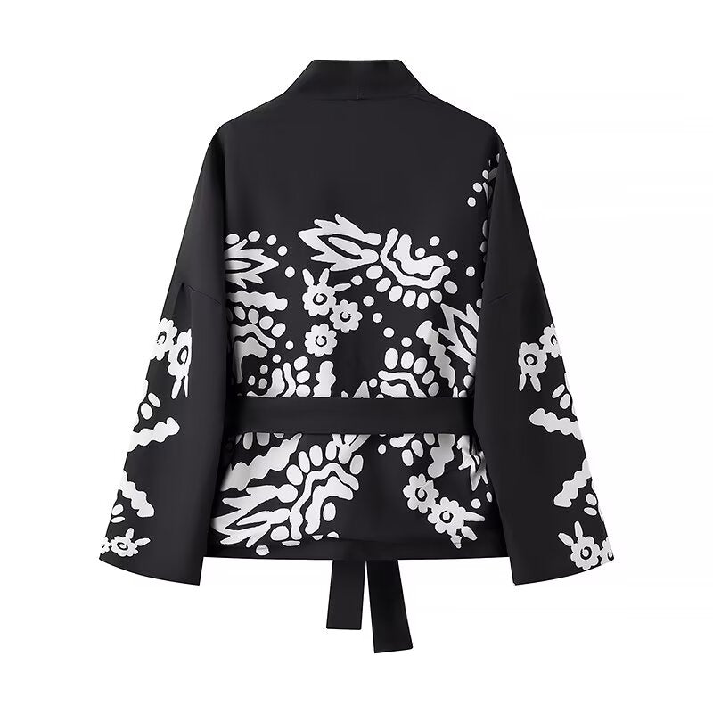 Women Clothing Autumn Printing With Belt Bow Loose Cardigan Long Sleeve Coat Women