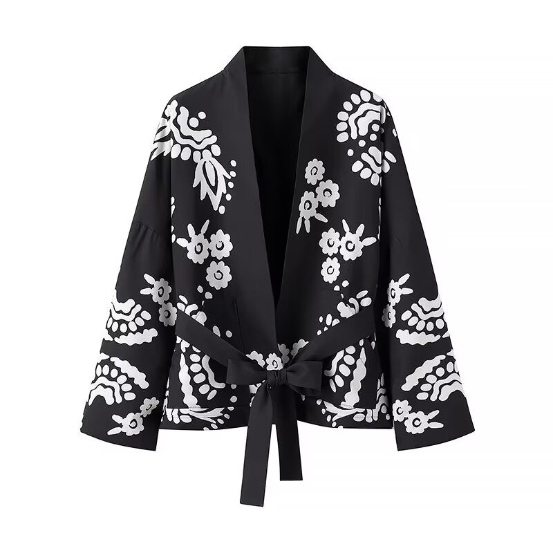 Women Clothing Autumn Printing With Belt Bow Loose Cardigan Long Sleeve Coat Women