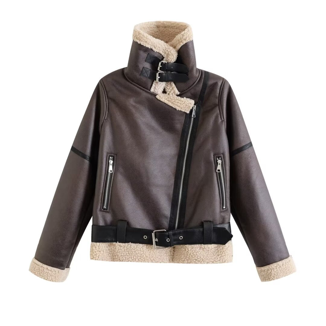 Women Clothing Autumn Winter Zipper Composite Jacket Fur Coat