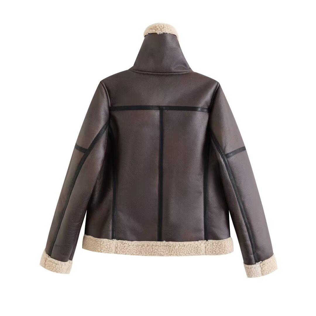 Women Clothing Autumn Winter Zipper Composite Jacket Fur Coat