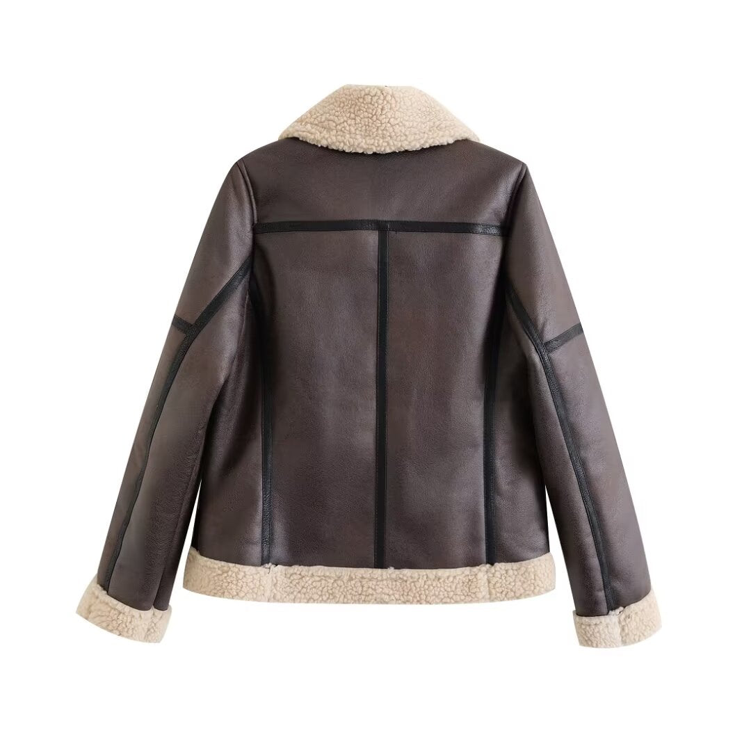 Women Clothing Autumn Winter Zipper Composite Jacket Fur Coat