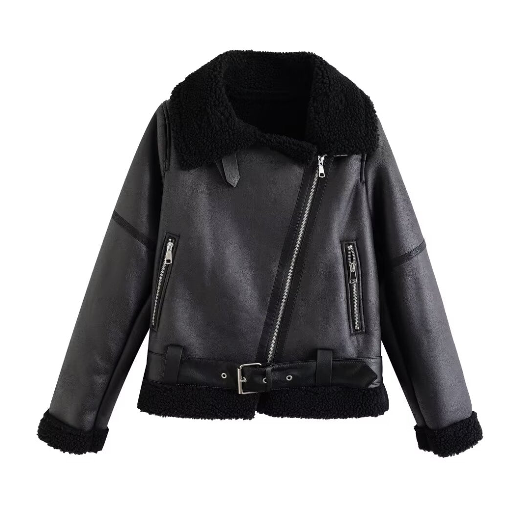 Women Clothing Autumn Winter Zipper Composite Jacket Fur Coat