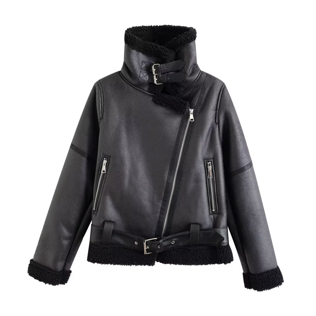 Women Clothing Autumn Winter Zipper Composite Jacket Fur Coat