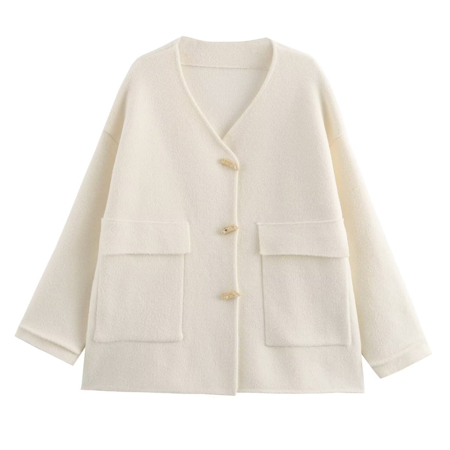 Vêtements pour femmes Automne Col en V Double Boutonnage Grande Poche Huit Grands Pulls Chanel Manteau